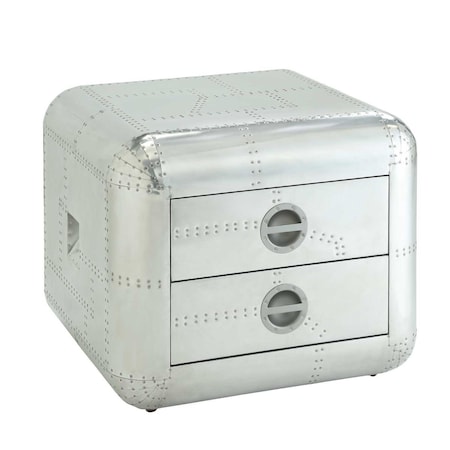 Gfancy Fixtures 22 in. Aluminum Aviator Trunk Style Square End Table with Two Drawers, Silver GF3666983